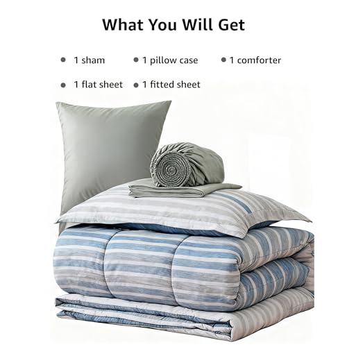 Image of Monbix Twin XL Comforter Set - Extra Long 5 Pieces Dorm Bedding Sets, Blue-Stripe Bedding Sets, All Seasons Comforter Bed Set with Sheets, Pillowcase & Sham