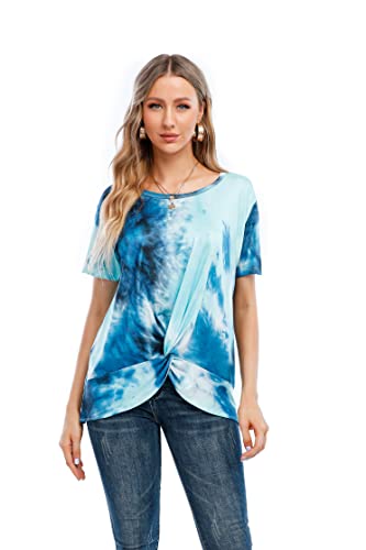 SUNNOW Women Casual T Shirts Short Sleeve Round Neck Tee Tie Dye Front Twist Knot Tunic Blue Loose Fit Tops Blouse (Blue, L)