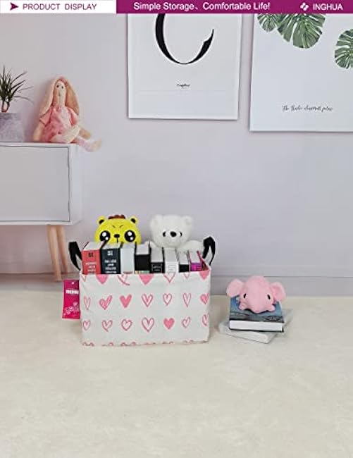 Rectangular Storage Basket Fabric Organizer Bin for Toys,Books,Clothes,Gifts,Pets-Perfect for Home,Office,Nursery,Dorm,Shelf(Rec-Pink hearts )