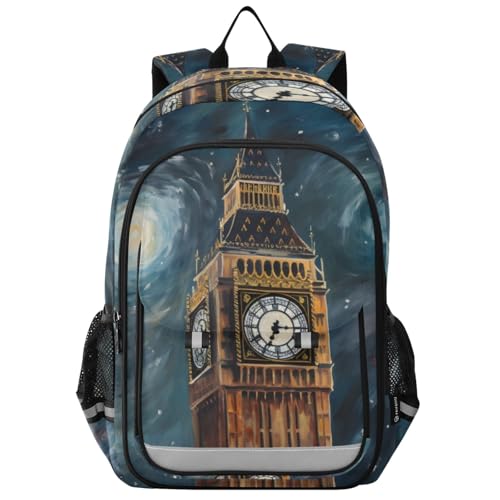 Backpack Big Ben Blue Starry Travel Laptop Daypack Shoulder Bag Book Bag Daypack with Reflective Strip 12.9 ×17.7 In