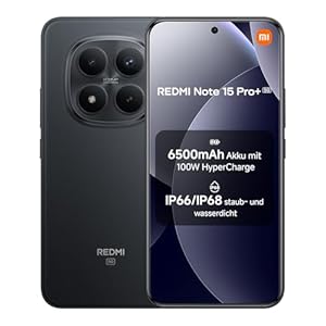 XIAOMI Redmi Note 15 Pro+ 5G Smartphone (12+512 GB) – 6500-mAh-Akku, IP66/IP68 Staub- und Wasserschutz, Neue 200-MP-Kamera, 6, 83" AMOLED-Display, Schwarz, 2 Jahre Garantie