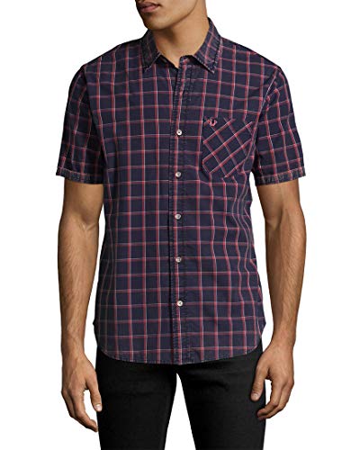 True Religion Men's Ss Mineral Wash Plaid, Indigo, Large