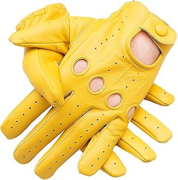 Genuine Leather Driving Gloves for Men (Yellow, Medium)