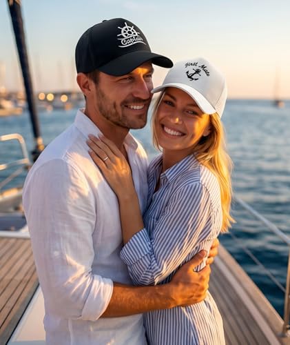 Image of Captain and First Mate Hat, Embroidered Trucker Hats for Couples | Adjustable Snapback Nautical Boating Gift for Men Women