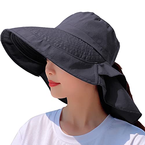 Another Choice Women's Sun Hat Uv Protection Wide Brim Ponytail Adjustable Beach Visor Fishing Hat With Neck Flap(Black,One Size) #TOP15