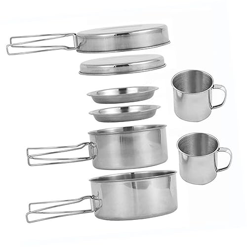 TOBBOMEY 1set Outdoor Stainless Steel Camping Cookware Set Portable Multi-Functional Pot and Pan Kit for Hiking Fishing and Picnics Lightweight and Compact Design Handles