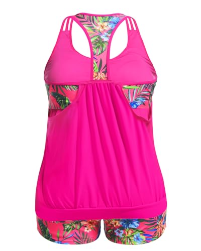 Image of Womens Plus Size Tankini Swimsuit Two Piece Tummy Control Bathing Suit | Blouson Racerback Tankini Top with Shorts, Double Up Design, Removable Pad