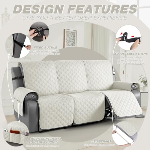 Image of TAOCOCO 100% Waterproof Recliner Covers With Leg Straps, Reversible Recliner Couch Cover For Reclining Chair, Washable Couch Protector For Pets Kids (3 Seater, Off White)