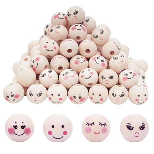 DLUSZERT 120PCS Smile Wooden Beads, 16MM Natural Wooden Beads with Angel Faces