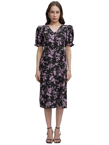 Image of Tokyo Talkies Women's Floral Midi Dress | A-line| V-Neck | Short Puff Sleeves & Playful Silhouette | Chic & Effortlessly Feminine