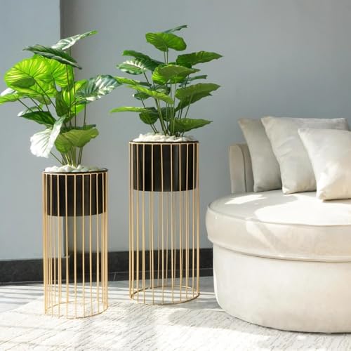 Image of Modern Metal Decorative Floor Standing White And Gold Indoor Outdoor Plant Stand With Pot For Home Decor Living Room Office Bedroom Balcony Set of 2 Flower Pots (Black)