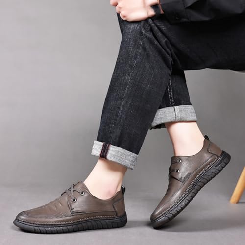 Mens Handmade Leather Lace Up Flats Oxford Shoes Casual Lightweight Low Top Non-Slip Round Toe Walking Driving Loafers Shoes Khaki Black2