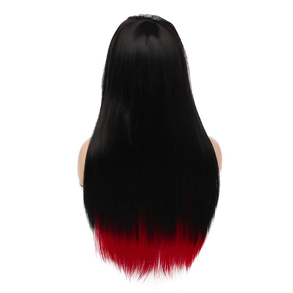 Qnbiar Long Red Black Wig Silky Straight Synthetic Heat Resistant Side Bangs Halloween Costume Hair Wigs for Women - Image 3