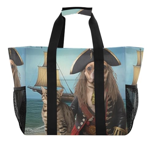 YETTASBIN Pirate Cat Dog Large Foldable Travel Tote Bag, Lightweight Waterproof Swim Pool Bag with Handles & Pocket for Beach Outdoor, Reusable Grocery Bag for Kitchen, Shopping2