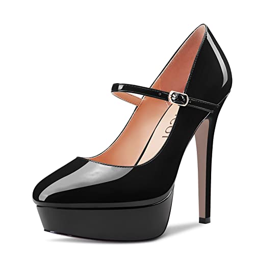 Aachcol Women Platform Pumps Mary Jane Round Toe Slip-on Ankle Strap Stiletto High Heel Dress Shoes Pumps Office Party Wedding Patent 5 Inch