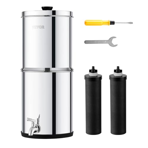 VEVOR Schwerkraft Wasserfiltersystem Edelstahl Arbeitsplattensystem 4,4 + 5,5 L Wasserfiltrationssystem, reduziert Blei und bis zu 99% Chlor, mit 2 Kohlefiltern & Zapfhahn, Camping Wohnmobil Zuhause