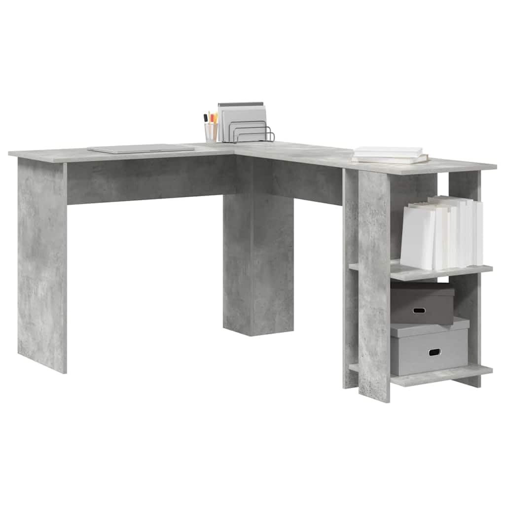 Scrivania angolare grigio cemento, 140 x 113,5 x 75 cm, in legno con 2 ripiani, moderna scrivania da ufficio per casa e studenti, tavolo da lavoro compatto per un uso efficiente