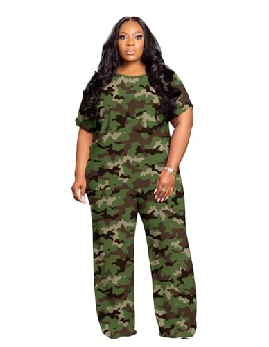 Tycorwd Women's Plus Size Two Piece Outfits Sweatsuits Sets Sexy Backless Short Sleeve Tops Wide Leg Pants Tracksuit Sets Camouflage 5XL