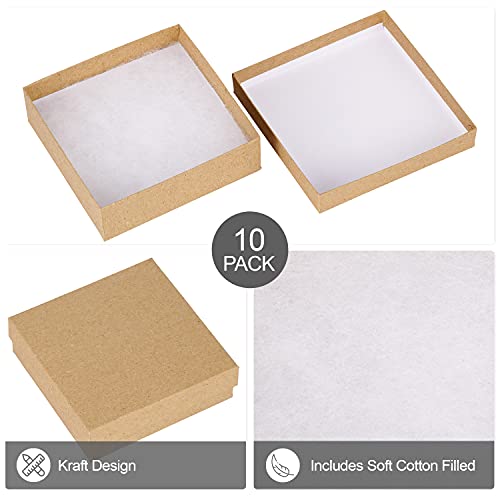 Cardboard Jewelry Boxes 10 Pack - 3.5"X3.5"X1" Bulk Cotton Filled Small Gift Boxes With Lids For Jewelry Packaging (Kraft) #TOP2