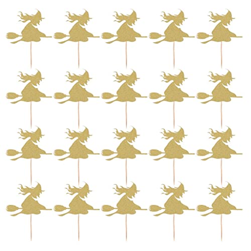 HEAVENGLOW 20pcs Glitter Witch Broom Cupcake Picks Toppers Party Decor Gold
