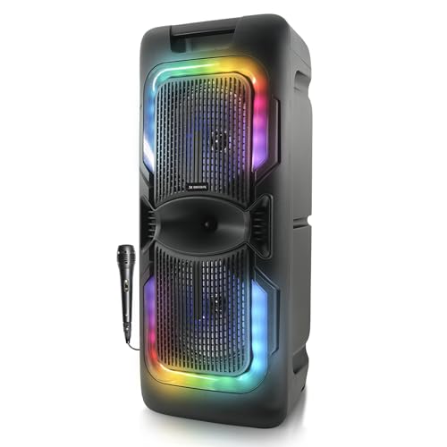 AudioBox ABX-2085R - Altavoz Bluetooth portátil dual de 8 pulgadas con luces LED, micrófono con cable, USB, AUX, TF y tecnología WaveSync (TWS)