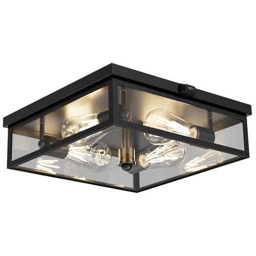 Caftersmark Outdoor Ceiling Light with Motion Sensor 14‘’, Flush Mount Porch Ceiling Light, lear Glass with Dusk to Dawn 4-Light Close to Ceiling Light Fixture for Patio,Porch,Garage 14 in 1