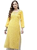 Ada Indian Hand Embroidered Chikankari Straight Cotton Kurti Kurta Tunic Dress for Women A411345 (Yellow, 4XL)