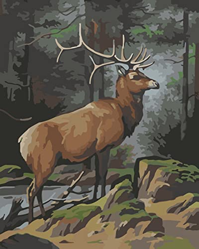 Shukqueen Pintura por números para adultos, kit de pintura al óleo por números, para niños y adultos, principiantes, renos en el bosque, 24 x 30 pulgadas (sin marco)