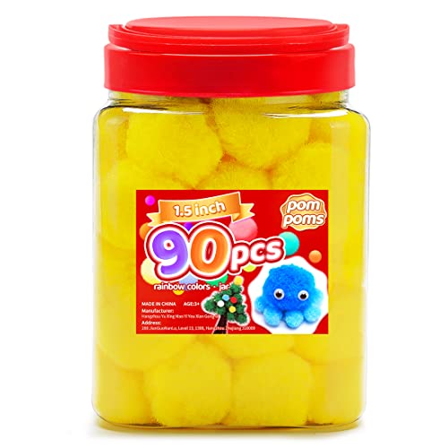 Image of Iooleem Large Yellow Pom Poms, 1.5 inch(4cm), 90pcs, Large Size, Pom Poms for Arts and Crafts, Pom Pom Balls, Craft Supplies.