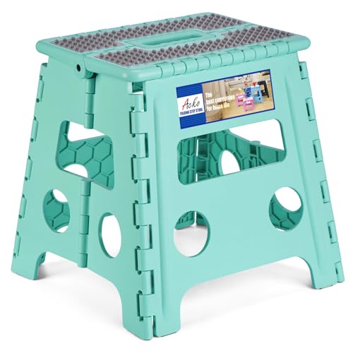 Image of ACKO Folding Step Stool 13 Inch Stool Heavy Duty Plastic Foldable Step Stools for Kids, Stepping Stool with Handle, Suitable for Kitchen Hold Up to 300 LB (Teal 1PC)
