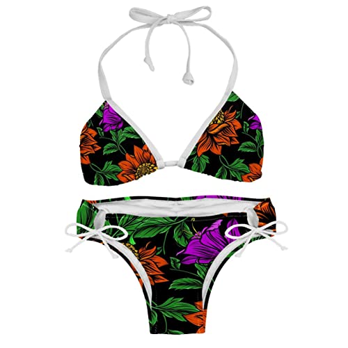 Bikini motif roses oranges et feuilles vertes maillot multicolore L