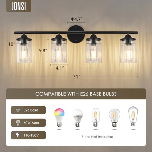 Image of Jonsi Black Bathroom Light Fixtures 4-Light Vanity Lights Modern Wall Sconce with Clear Glass Shade Bathroom Light Fixture Over Mirror for Bedroom Hallway Kitchen