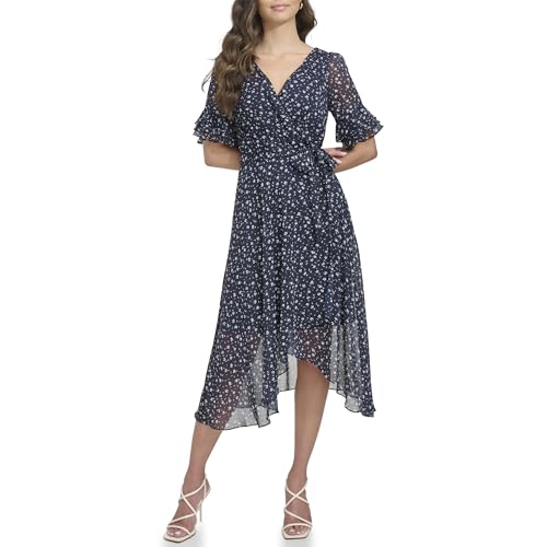 DKNY Women's Ruffle Sleeve Surplice Tie Fit & Flare Midi Dress