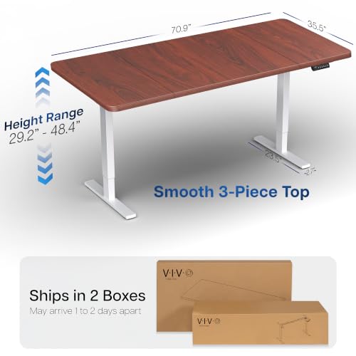 Image of VIVO Dark Walnut 71 x 36 in Standing Desk, DESK-KIT-1W7D-36 | Electric, Holds 220 lbs, Sit Stand, Height Adjustable, Extra Deep Table Top, Memory Presets, 1B Series, White Frame