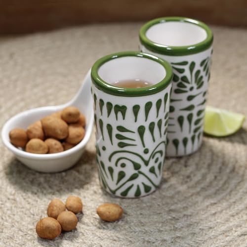 Image of Talavera Shot Glasses Set of 4 Authentic Mexican Hand-Painted Tequila Shot Glasses - 2 Oz (Green Lace) Glass