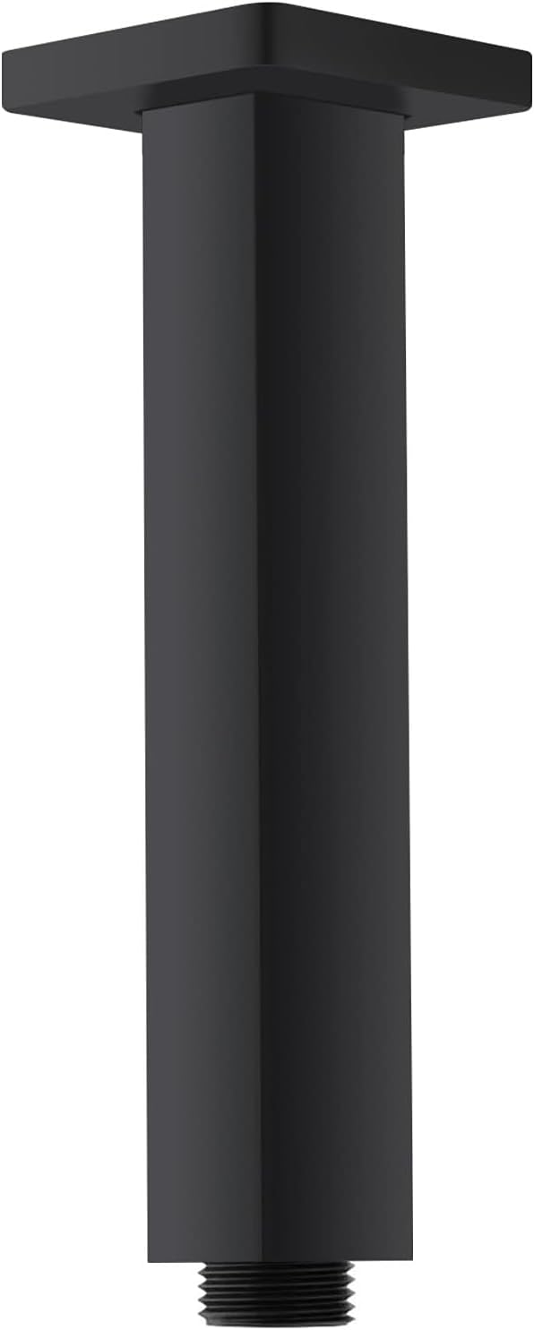 6 Inch Ceiling Mount Shower Arm Matte Black, Square Shower Head Pipe With Flange 1/2 NPT Tapered Threads Rain Shower Arm
