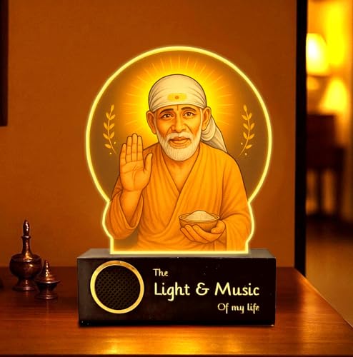 Image of ZOCI VOCI Shirdi Sai Baba LED Lamp with Wooden Base - Spiritual Night Light for Pooja Room, Sai Baba Photo Frame Light for Home Temple Decor, Diwali Gift, Bedside Table Lamp (Warm Light + BT Speaker)
