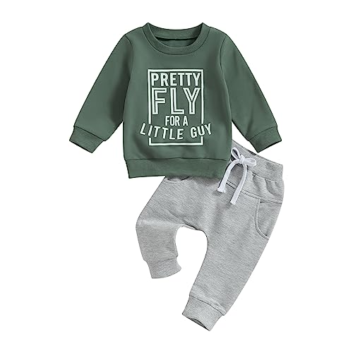 Image of Covvoliy Toddler Baby Boy Clothes Sets Letter Print Long Sleeve Sweatshirt Tops Elastic Waist Pants Infant 2Pcs Outfits (Dark Green, 0-6 Months)