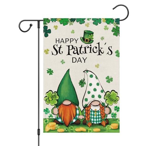 Louise Maelys Welcome St. Patrick's Day Garden Flag 12x18 Double Sided Vertical, Burlap Small Lucky Shamrock Clover Gnome Yard Banner Irish Sign for Home Outside Outdoor Decor