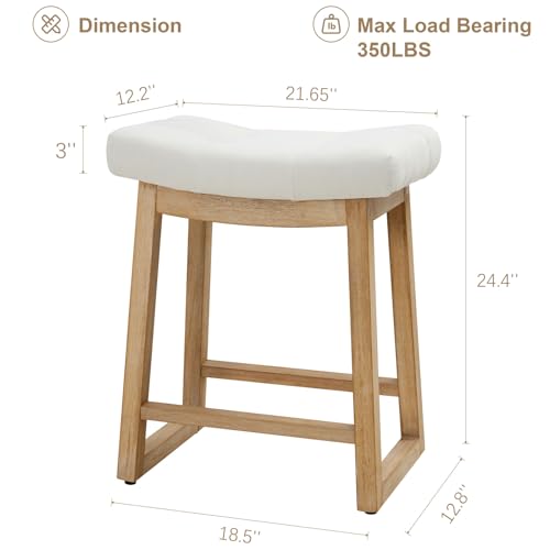 Image of 24 Inch Counter Height Bar Stool, Backless Upholstered Bar Stool with Wood Legs, Modern Farmhouse Saddle Stool for Kitchen Island, Home Bar, Ivory Fabric