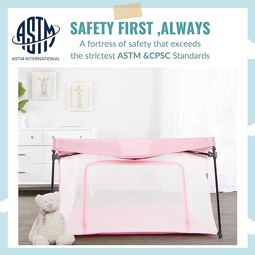 Image of Dream On Me Ziggy Playpen Only, Soft Base, Portable, 43.3in, Pink | Soft padded base, non-cross frame, foldable iron frame, 210D nylon, Ages 6-36mo, 30lbs, ASTM certified, Quick setup.