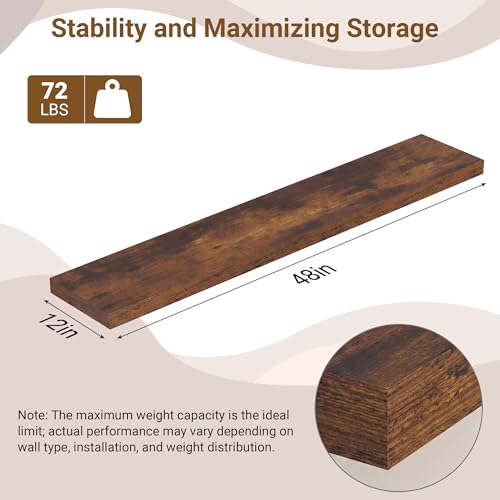 Image of 48 Inch Floating Shelves, 12 Inch Deep Floating Shelves for Wall, Extra Deeper & Thicker Wooden Wall Shelf with Invisible Brackets, Shelf for Bedroom Home Decor(Rustic Brown, Set of 2)