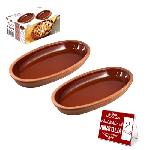Hakan Bergama Handmade Oval Clay Pan Set Of 2 | Terracotta Pans Glazed Inside | Casserole Dishes For Oven Baking | Traditional Earthenware Clay In Box, Large, 4.8 X 10.25 X 1.5-Inch 13.5 Oz (400 Cc)