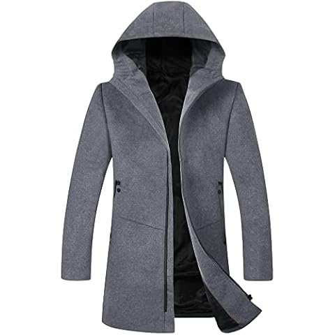 ELETOP Men's Coat 80% Wool Content Classic Hooded Jacket Winter Stylish Trench Coat NDZS - Grey - XX-Large Cover