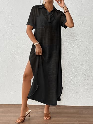 Bsubseach Womens Bathing Suit Cover Up V Neck Button Down Long Swimsuit Cover Up Short Sleeve Beach Shirt Dress with Pocket2