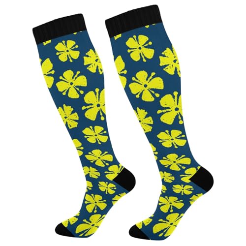 Dussdil Navy Yellow Crocus Compression Socks for Women Men Circulation Long Knee Sock for Sport Gym Running Stockings
