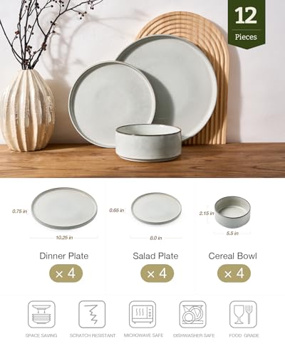 Image of Famiware Annecy Plates and Bowls Sets, 12 Pieces Dinnerware Sets, Microwave and Dishwasher Safe Dishes Set for 4, Chip and Scratch Resistant, Grey White