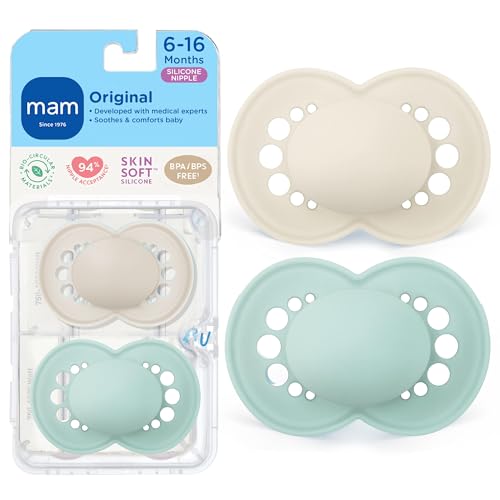 MAM Original Matte Baby Pacifiers 6-16 Months, Binky for Newborn Babies, BPA-Free Skin Soft Silicone Nipple, Easy to Clean, Developed with Medical Experts, 2 Count, With Sterilizer Case Made in Europe