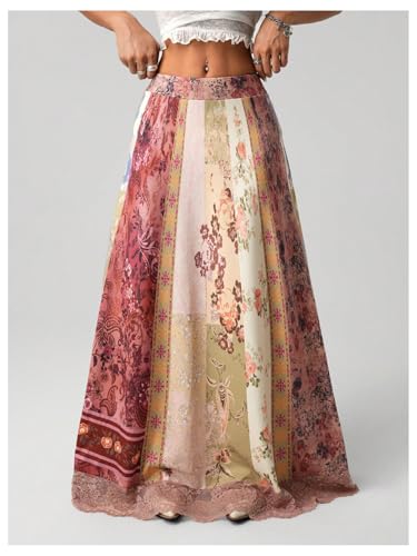GORGLITTER Women's Floral Patchwork Boho Maxi Skirt High Waisted Lace A Line Renaissance Skirts3