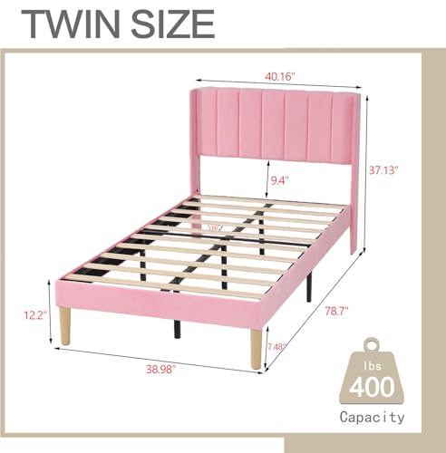 Image of AGARTT Upholstered Platform Bed Frame Twin Size, Pink Velvet
